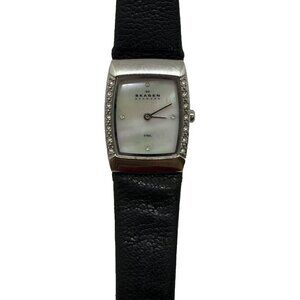 Skagen Denmark Steel Diamond Mother or Pearl Face Women's Watch Black Leather